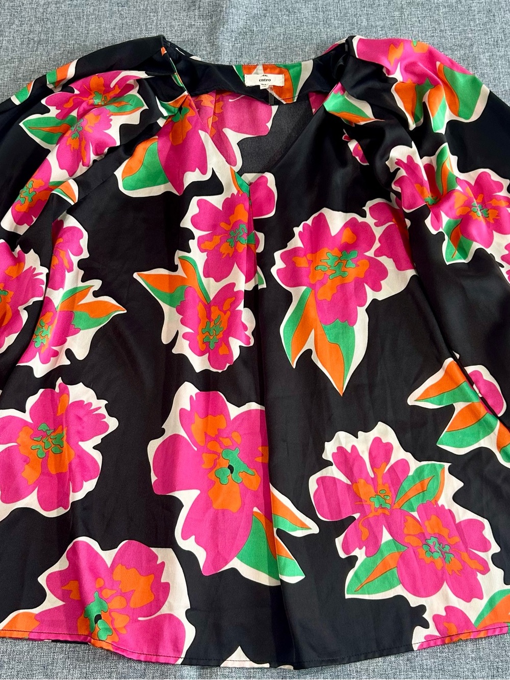 entro Blouse Black with Pink, Green & Orange Floral Print Balloon Sleeves